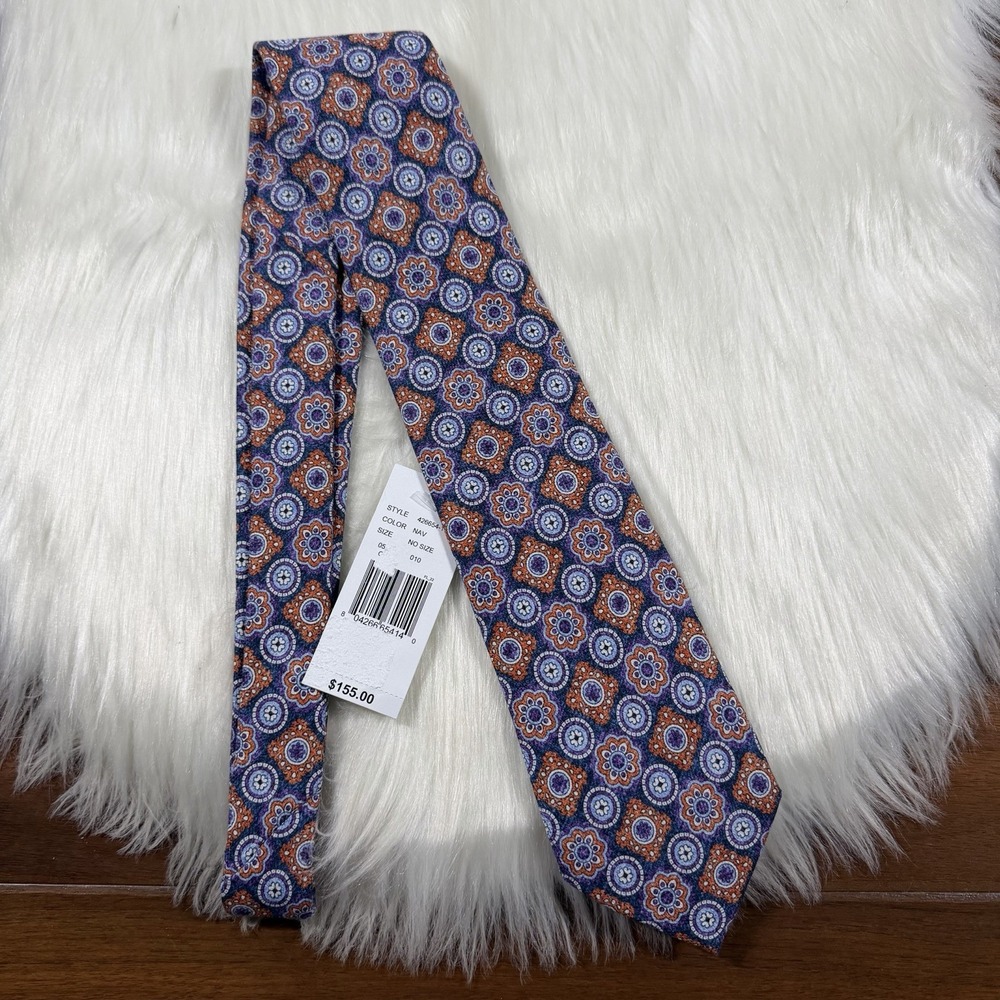 Edward Armah Men's Blue Orange Mosaic Medallion Print 100% Silk Necktie Tie